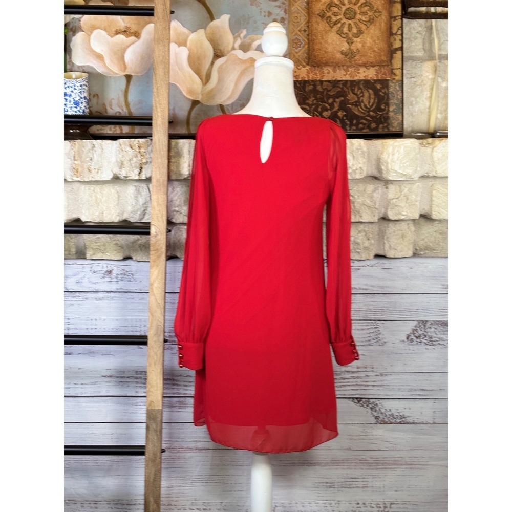 A Byer Red Open Slit Sheer Arm Long Sleeve Shift Mini Dress Womens XS - Picture 14 of 14